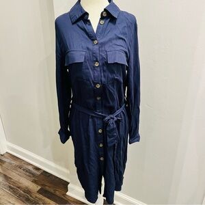 Venus Lascana Button Small Dress Roll Tab Long Sleeve Belted Navy Blue Womens